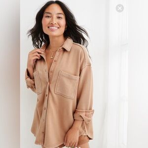 Aerie Lumberjane Fleece Shirt Womens XXS Oversized Slouchy Neutral Tan Button Up